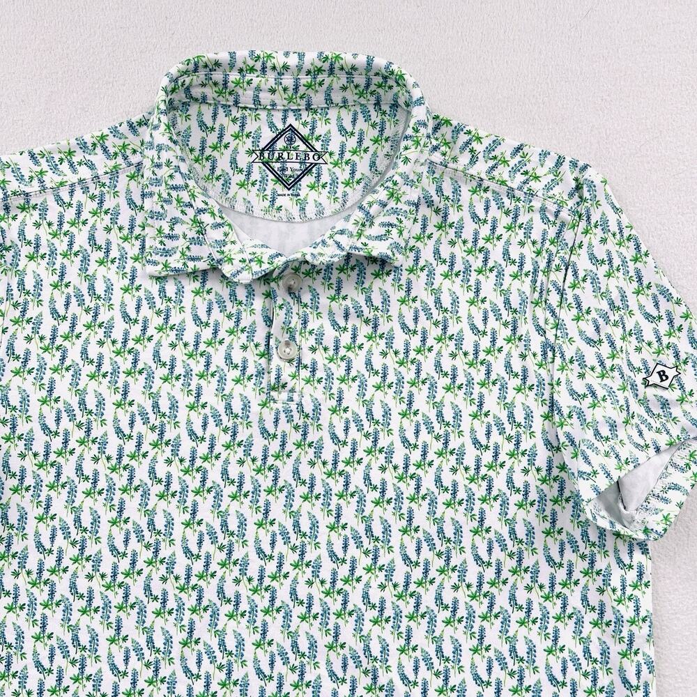 BURLEBO Youth Blue Green Floral Print Performance Short Sleeve Polo XL 14 / 16